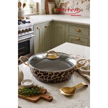 EVREN MUTFAK 26 cm Leopar Desen Ezme Seri Basık Tencere, Non-Stick Pilav Karnıyarık Tenceresi 2,8 Lt (Paslanmaz Çelik Kulp)
