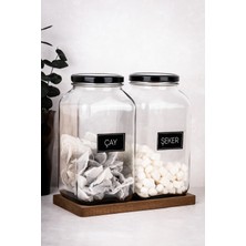 Dolkin Home 2'li 3 Litre Kavanoz Seti Ahşap Stantlı Çay Şeker Etiketli 3000 ml Metal Kapaklı Cam Kavanoz Seti