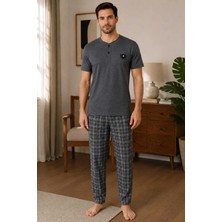 Tenra Erkek Pijama Takımı %100 Pamuk Düğmeli Yaka Kareli Alt