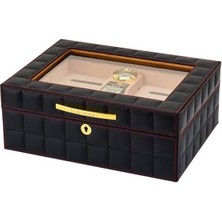 Lubinski Deri Camlı Humidor Puro Kutusu Siyah 50S