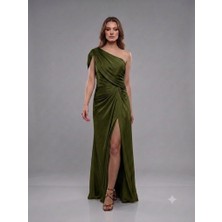 Centilmen For Costume Tek Omuz Saten Görünümlü Drape Detaylı Yırtmaçlı Abiye Elbise 10563