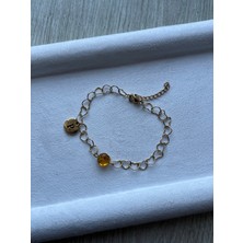 Pel Design Harfli Kehribar Taşlı Kalp Zincirli Çelik Bileklik