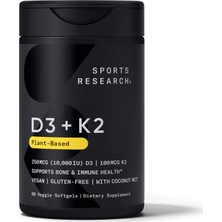 Sports Research D3 + K2 Plant-Based 250MCG (10.000 Iu) D3 - 100MCG K2 - 60 Veggie Softgels