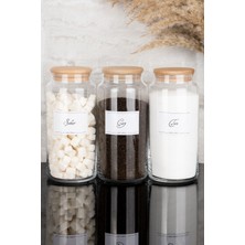 Dolkin Home 3'lü Ahşap Vakum Kapaklı Çay Şeker Tuz Beyaz Etiketli Cam Kavanoz Seti Saklama Kabı 1300 ml