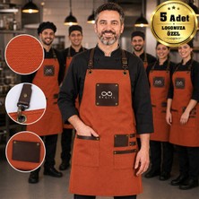 BK Gift Logonuza Özel 5 Adet Istanbul Önlük Turuncu Renk Su Iticili Kumaş - Vegan Deri Detaylı Profesyonel Önlük
