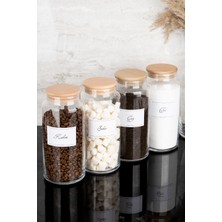 Dolkin Home 4'lü Ahşap Vakum Kapaklı Çay Şeker Kahve Tuz Beyaz Etiketli Cam Kavanoz Seti Saklama Kabı 1300 ml