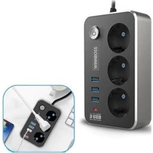 Sora Home Isıya Dayanıklı Termal Akım Korumalı 2 mt 10A 2500W 3lü Priz ve 3 Usbi 21A Uzatma Kablosu