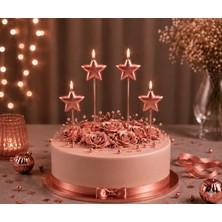 Parti Dükkanı Rose Gold Yıldız Şekilli Pasta Mumu 4 Adet Saplı Doğum Günü Mum Seti Pasta Süsü Parti Malzemesi