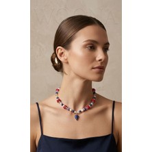 Woona Lapis Lazuli & Kalsedon & Ay Taşı & Florit & Kırmızı Mercan Taşları - El Yapımı Ayarlanabilir Özel Tasarım Art Of Harmony Premium Doğal Taş Kolye