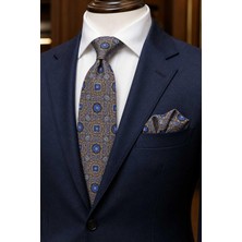 Kravatkolik Bej Mavi Motif Desen Mendilli Klasik Kravat KK13754