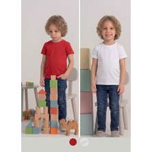 Nacar Store Çocuk T-Shirt 2'li Paket Kırmızı-Beyaz Pamuklu Likralı Tişört