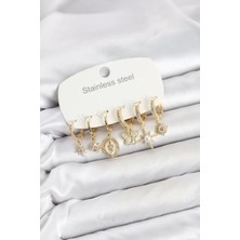 Uravas Store 316L Çelik Gold Renk Zirkon Taşlı Charm Detaylı Kadın Küpe Seti TJ-BKP11878