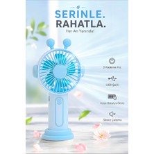 Kensa Şarjlı Taşınabilir Sevimli Kulak Tasarımlı Mini Fan 3 Kademeli Hız Telefon Standlı Vantilatör