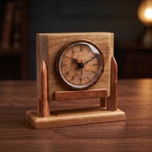 Morgen Craft Bitig Ahşap Masa Saati - %100 El Yapımı - Ceviz ve Meşe Ağacı - 15X14X6