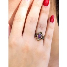 Esha Store Doğal Taş Ametist Doğal Taşlı Antik Model Kadın Ayarlanabillir Yüzük EUY78AMT