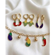 Stainless Steel Çelik Gold Mini Sebze Figürlü Çoklu Küpe ve Charm Bileklik Seti (Antialerjik)