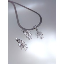 Luna Luster 925 Ayar Gümüş Işıltılı Yaprak Italyan Tasarım Kadın Mücevher Set Kolye Küpe S371