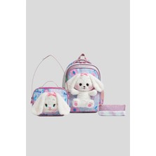 Wander Bag Kız Çocuk Peluş Tavşanlı Ilkokul Okul Çantası Beslenme Çantası ve Kalemlik 3'lü Set