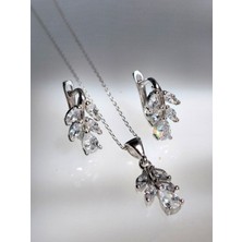 Luna Luster 925 Ayar Gümüş Işıltılı Yaprak Tasarım Kadın Mücevher Set Kolye Küpe
