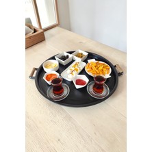 Ahşap Kulplu Metal Tepsi 50 cm Yuvarlak Kahvaltı Çay Kahve Sunum Tepsisi