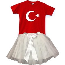 Nacar Store Kız Çocuk 23NISAN 29EKIM Gösteri Kostüm Doğumgünü Kıyafeti Ayyıldız Kısa Kol & Tütü Etek Takım