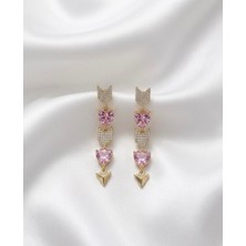 Xuping Jewelry Vıp Seri Kararmaz Çelik Ikili Ok Kalp Figürlü Zirkon Taşlı Sallantılı Pembe Küpe
