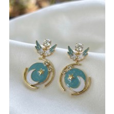 Xuping Jewelry Xuping Gold Kaplama Mavi Mineli Melek Kanadı Ay Yıldız Sallantılı Zirkon Taşlı Küpe
