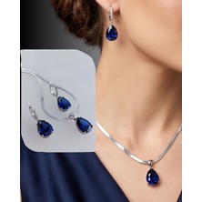 Luna Luster 925 Ayar Gümüş Safir Mavisi Damla Tanzanit Doğal Taşlı Kadın Mücevher Set Kolye Küpe
