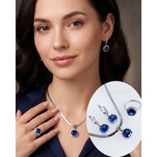 Luna Luster 925 Ayar Gümüş Safir Mavisi Tanzanit Doğal Taşlı Kadın Mücevher Set Kolye Küpe Yüzük S124
