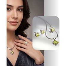 Luna Luster 925 Ayar Gümüş Zebercet Peridot Doğal Taşlı Baget Tasarım Kadın Mücevher Set Kolye Küpe Yüzük S.255