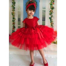 Ayancık Kids Kız Çocuk Kırmızı Tüllü Abiye Elbise (2-3-4-5-6-7-8-9-10-11-12) Yaş Düğün, Doğumgünü Elbisesi
