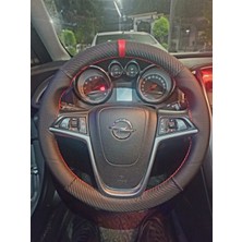 Hasbay Dikişli Direksiyon Kılıfı Karbon / Nokta Deri Kırmızı Yüzük Kırmızı Dikişli Opel Bu Direksiyon