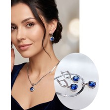 Luna Luster 925 Ayar Gümüş Safir Mavisi Tanzanit Doğal Taşlı Kadın Mücevher Set Kolye Küpe S167