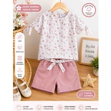 Güler Butik Kız Çocuk Çiçek Desenli Gömlek ve Pudra Şort Takımı Yazlık Kısa Kollu 2'li Takım 6-7-8-9 Yaş
