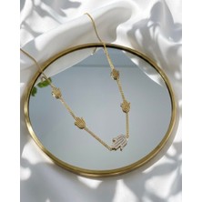 Stainless Steel Zarafet Müzesi Kadın Gold Çelik Fatma Ana Eli Kolye Zirkon Taşlı Sıralı Figürlü Zincir