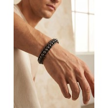 Parmas Design Hematit Taşlı Deri Kordon ve Çelik Bileklik 6mm Erkek Hediyesi 01797