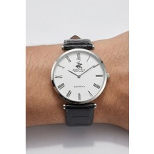 Beverly Hills Polo Club Altın Yuvarlak Kasa Erkek Kol Saati | 39 mm Çelik Kasa, Siyah Deri Kordon, Beyaz Kadran