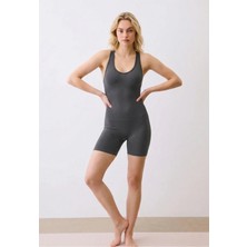 Formactive Kadın Push Up Dikişsiz Şort Tulum - Toparlayıcı Çapraz Askılı Spor Yoga Pilates Tulum – Füme