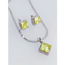 Luna Luster 925 Ayar Gümüş Zebercet Peridot Doğal Taşlı Baget Tasarım Kadın Mücevher Set Kolye Küpe S.258