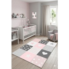 Norella Home Pembe Gri Yıldız Kalp Desenli Çocuk Halısı Kaymaz Taban Yıkanabilir Modern Çocuk Odası Halısı