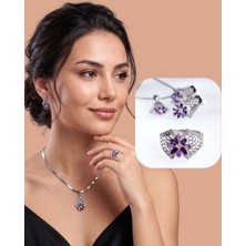 Luna Luster 925 Ayar Gümüş Otantik Lotus Çiçek Tasarım Ametist Kadın Mücevher Set Kolye Küpe Yüzük