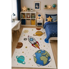 Norella Home Uzay Temalı Çocuk Odası Halısı Kaymaz Taban Yıkanabilir Roket ve Gezegen Desenli Halı
