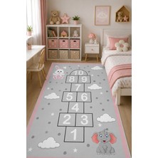 Norella Home Seksek Oyun Halısı Tavşan ve Fil Desenli Kaymaz Taban Yıkanabilir Çocuk Odası Halısı
