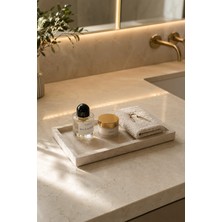 Marbello Bej Doğal Mermer Tepsi 17X32 cm Dekoratif Sunum Tepsisi Banyo Organizer Konsol ve Sehpa Düzenleyici