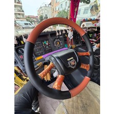 Hasbay Dikişli Direksiyon Kılıfı Turuncu Deri Siyah Deri Siyah Dikişli Scania Tır Kamyon Fotodaki Direksiyon Için