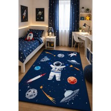Norella Home Astronot Çocuk Halısı Kaymaz Taban Yıkanabilir Uzay Temalı Erkek Çocuk Odası Oyun Halısı Lacivert
