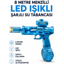 Giffy Oyuncak Şarjlı LED Işıklı Su Tabancası 8 Metre Menzilli Tam Otomatik Su Püskürtmeli Büyük Hazneli Elektrikli Su Tabancası 350 ml