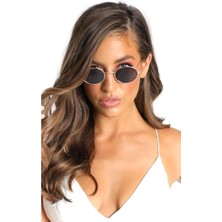Premini Oval Güneş Gözlüğü, Gümüş Çerçeve, Siyah Cam, Unisex, Şık ve Zarif Tasarım