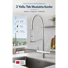 Watalina Likuan 3 Yollu Spiralli Krom Mutfak Bataryası Arıtmalı Çekmeli Evye Musluğu NKD52N12CP