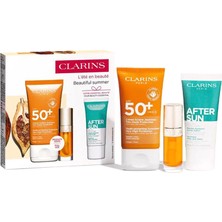 Clarins Nemlendirici Güneş Kremi 50 ml + Lip Comfort Oil 01 + After Sun Yatıştırıcı Balsam 30 ml Güneş Kremi Seti - Yüksek Koruma Faktörlü Güneş Ba...